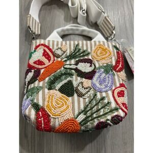TikTok viral Beaded Vegetable Striped Canvas Crossbody Bag Tan White Mini Tote